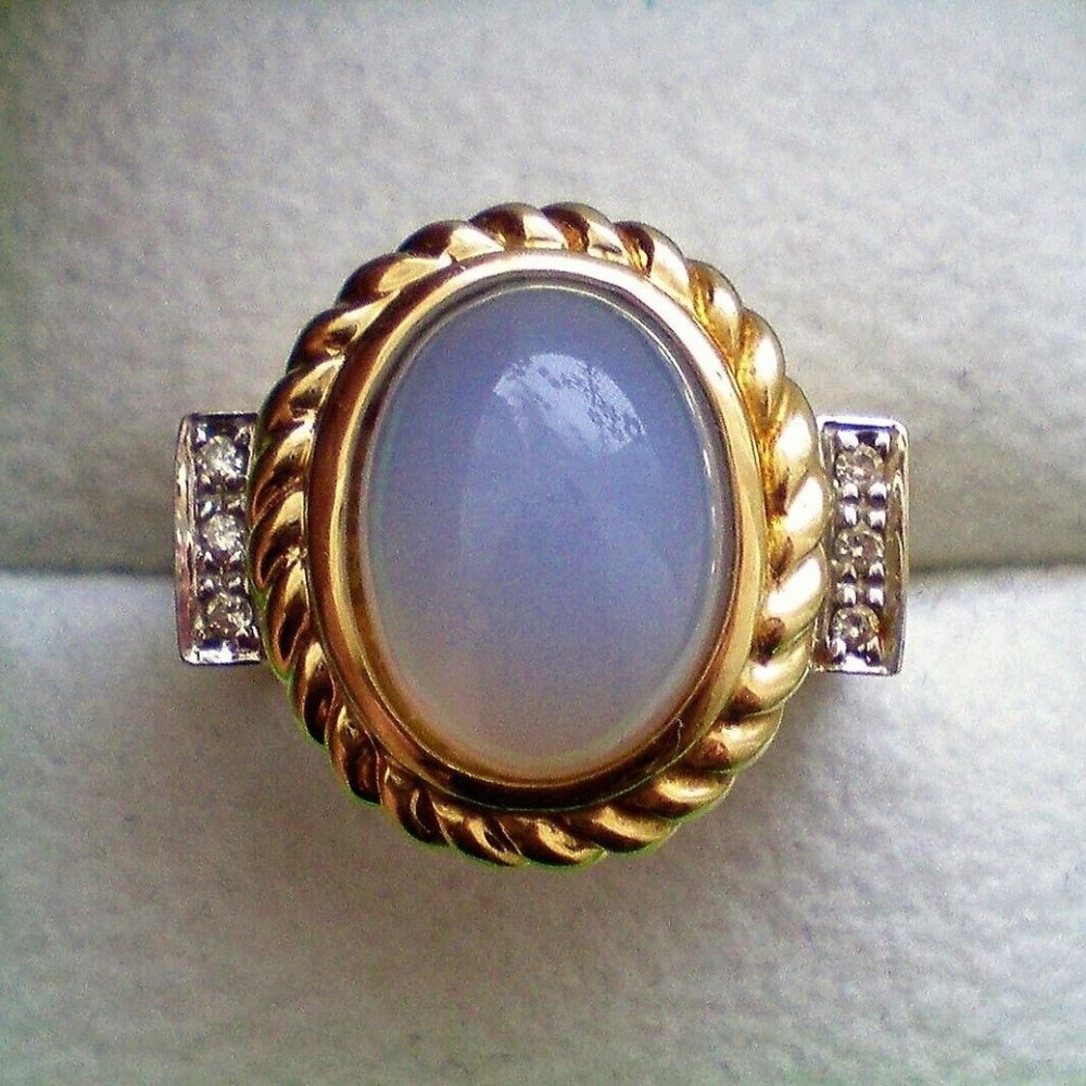 Designer Laura Ramsey 14K Yellow Gold Blue Chalcedony Diamond Cocktail Ring 12 g